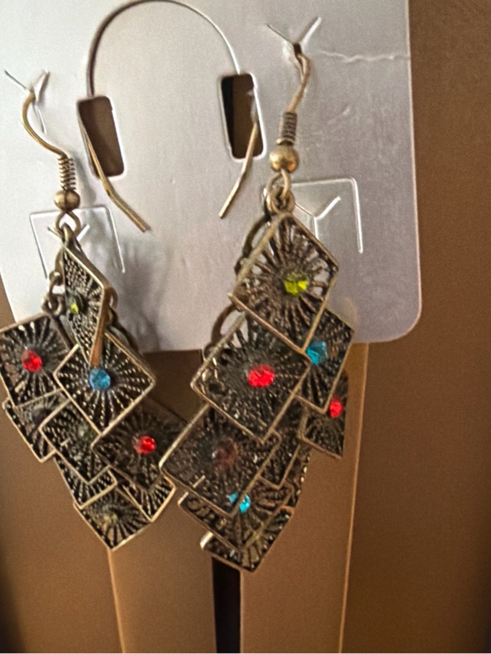 Vintage-Style Multicolor Crystal Dangle Earrings - Gold Tone